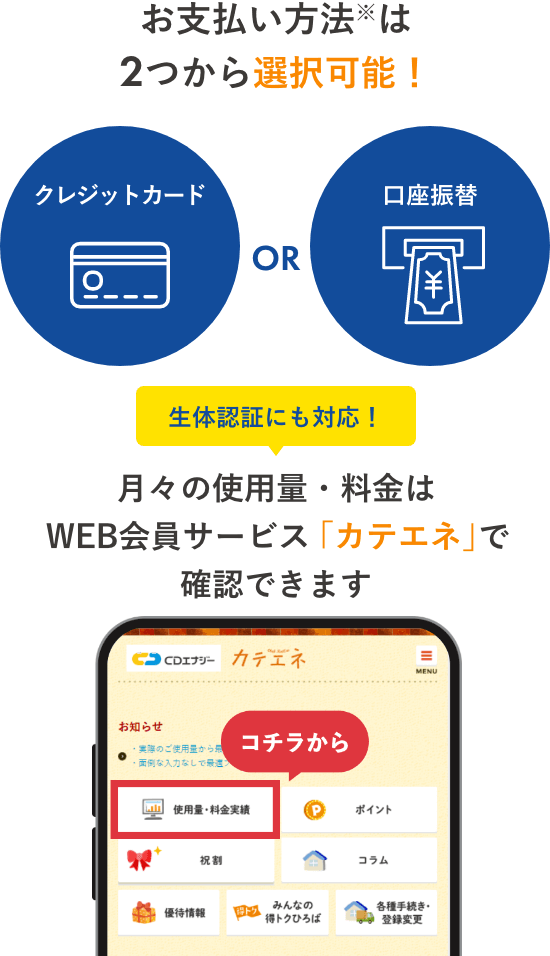 ＼お支払い方法は2つから選択可能／ クレジットカード or 口座振替 生体認証にも対応！月々の使用量はWEB会員サービス「カテエネ」で確認できます