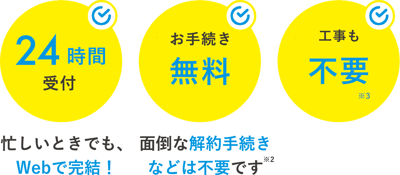 24時間受付　お手続き無料　工事も不要　忙しい時でも、Webで解決！面倒な解約手続きなどは不要です