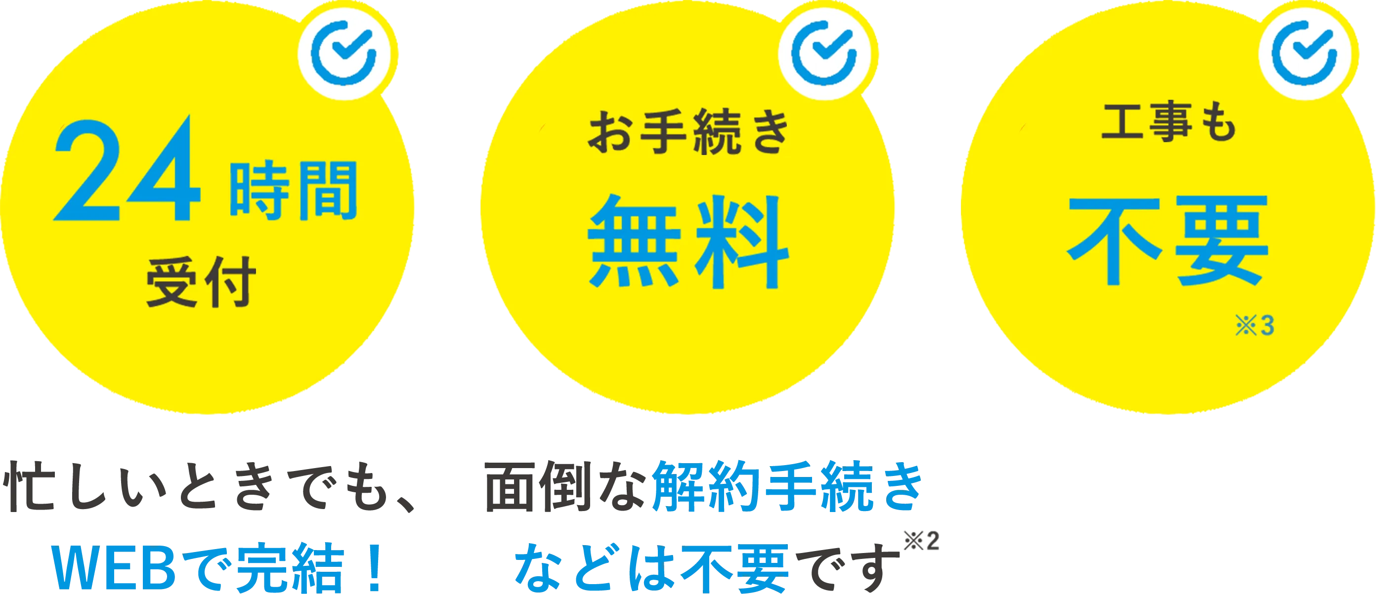 24時間受付　お手続き無料　工事も不要　忙しい時でも、Webで解決！面倒な解約手続きなどは不要です