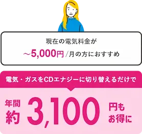現在の電気料金が5,000円未満の方におすすめ　電気・ガスをCDエナジーに切り替えるだけで年間約3,100円もお得に