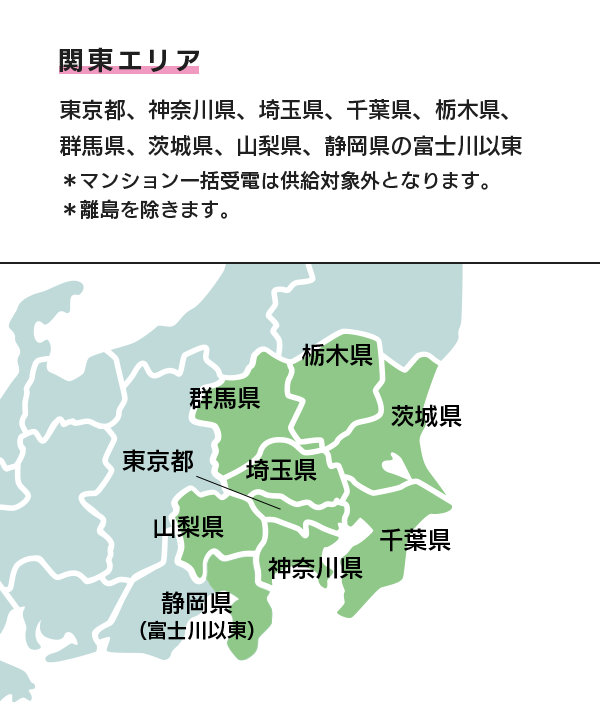 関東エリア 東京都、神奈川県、埼玉県、千葉県、栃木県、群馬県、茨城県、山梨県、静岡県の富士川以東 ※マンション一括受電は供給対象外となります。 ※離島を除きます。