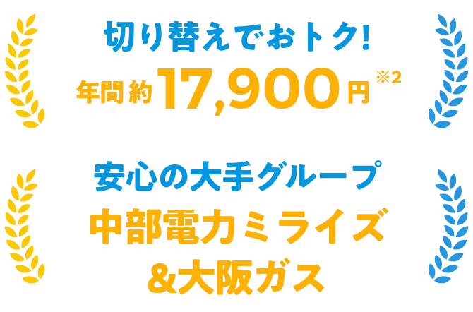 切り替えでおトク!年間約17,900円 安心の大手グループ中部電力ミライズ&大阪ガス