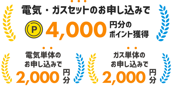 電気・ガスをセットでお申し込みで4,000円分のポイント獲得 電気単体のお申し込みで2,000円分 ガス単体のお申し込みで2,000円分