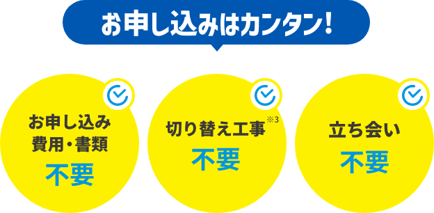 お申し込みはカンタン! お申し込み費用・書類 不要 切り替え工事※3 不要 立ち会い 不要