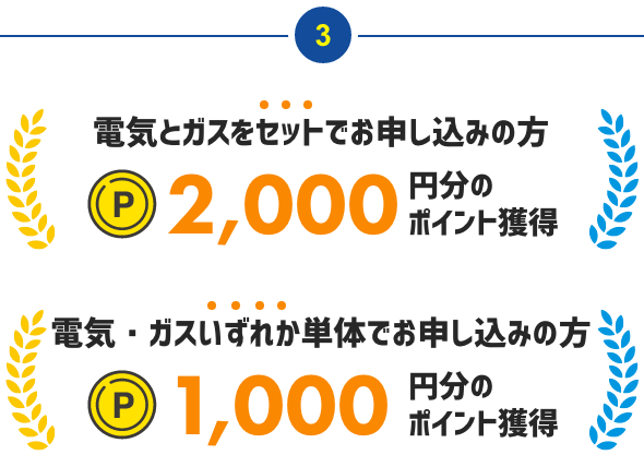 電気ガスセットでお申し込み2000円分のポイント獲得　電気・ガスいずれか単体でお申し込み1000円分のポイント獲得