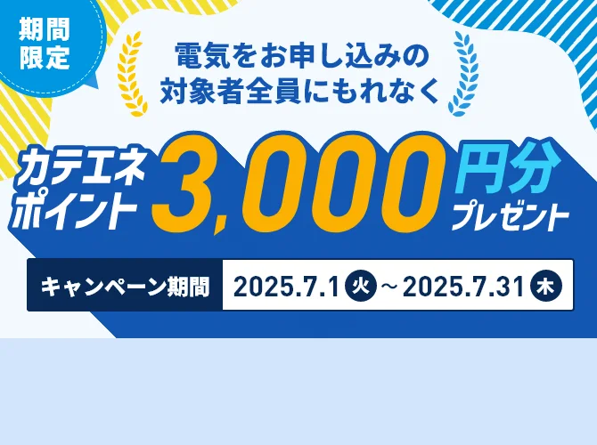 期間限定 電気をお申し込みの対象者全員にもれなく カテエネポイント3,000円分 プレゼント キャンペーン期間 2025.7.1(火)〜 2025.7.31(木)