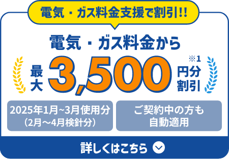 電気・ガス料金支援で割引!! 2025年1月〜3月使用分の電気・ガス料金から最大3,500円分割引 詳しくはこちら