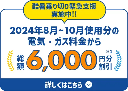 酷暑乗り切り緊急支援実施中!! 2024年8月~10月使用分の電気・ガス料金から総額6,000円分割引 詳しくはこちら